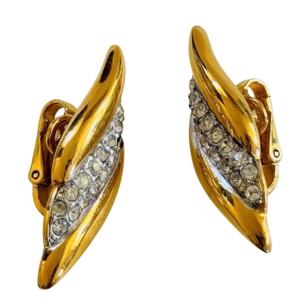Regal Earrings VTG Signed Trifari‎ Crystal Rhinestone clip Gold Jeweled 70s